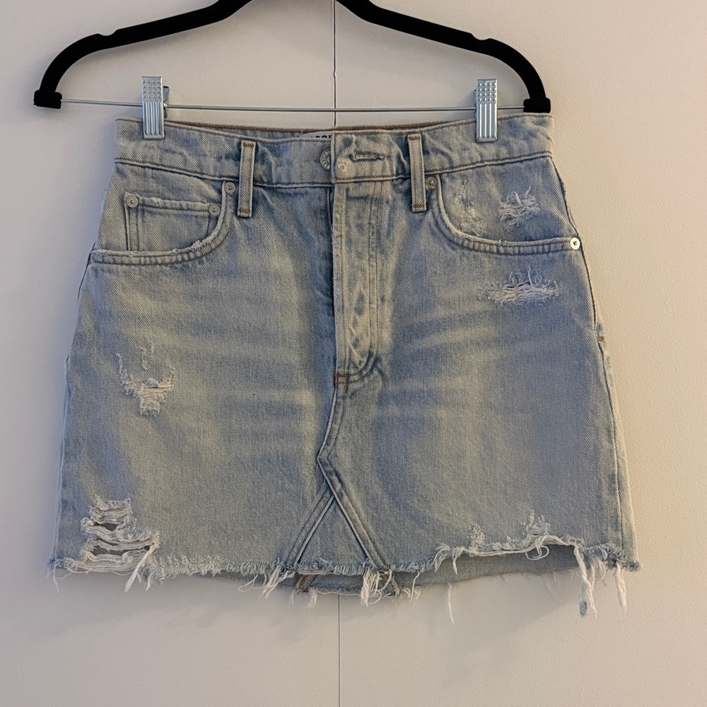 Agolde Light Blue Distressed Denim Mini Skirt